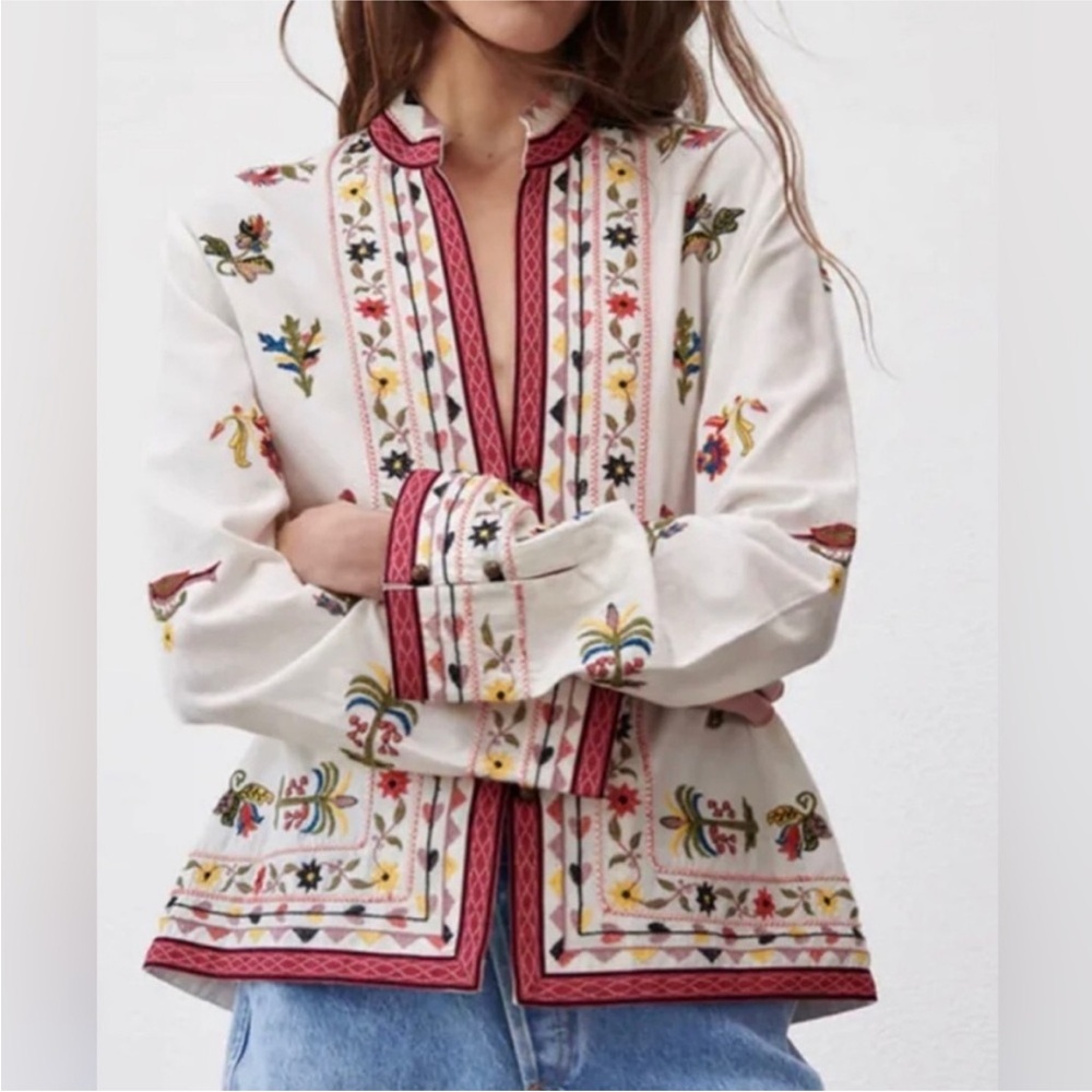 Zara - NWT Colorful Embroidered Cotton Lined Button Down Closure Jacket Size XS